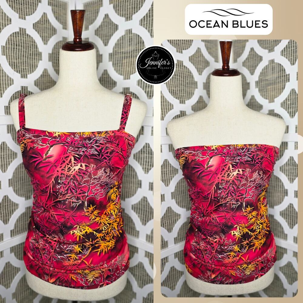 Ocean Blues Red & Gold Ruched Side Adjustable Strap Tankini Top Size Large